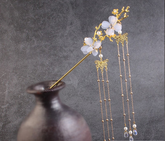 Horquilla Hanfu Flor de Cerezo Estilo Antiguo con Borla y Cristales Blancos