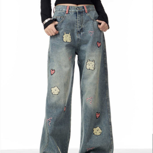 Pantalones Rectos Vintage con Bordado de Cordero para Mujer