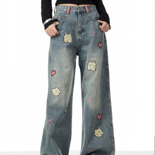 Pantalones Rectos Vintage con Bordado de Cordero para Mujer