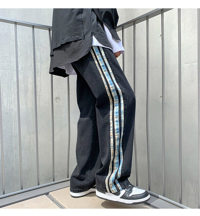 Jeans Deportivos Anchos para Hombre con Costuras de Rayas de Color - Image 9