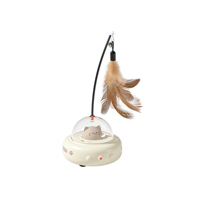 Pink electric UFO cat teaser toy with a clear dome, a cute pink cat head, and a feather wand with a bell. - Image 6