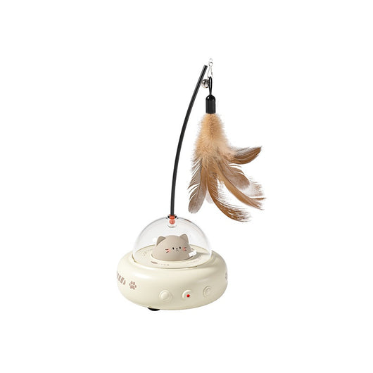 Pink electric UFO cat teaser toy with a clear dome, a cute pink cat head, and a feather wand with a bell. - Image 6