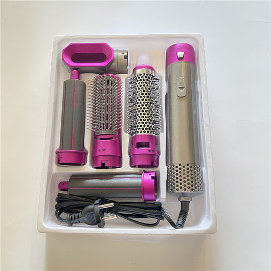 5-in-1 hot air comb hair dryer set with multiple rose red and gray attachments in a white tray. - Image 5
