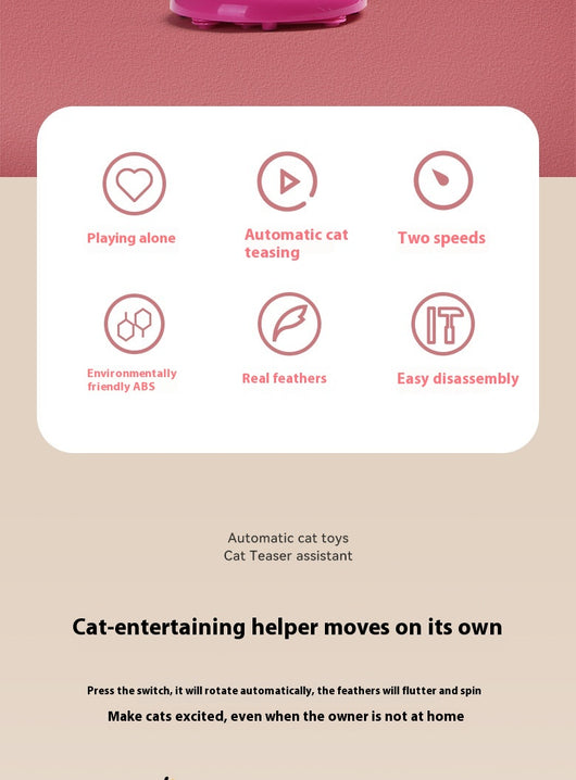 Pink automatic cat toy with a rotating pole and a brown feather attachment, measuring 15cm high. - Image 12