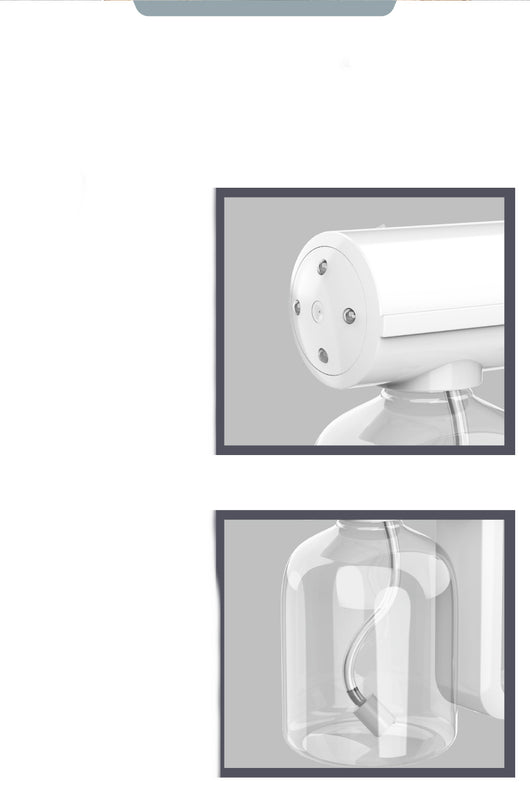 Black wireless alcohol blue light disinfection spray gun with clear reservoir, actively misting, on a marble surface. - Image 8