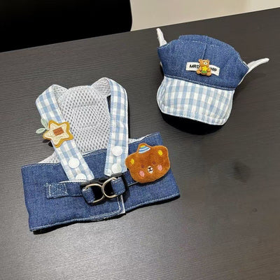 Denim and blue gingham pet harness with mesh back and a matching hat, both featuring cute bear and star patches. - Image 6