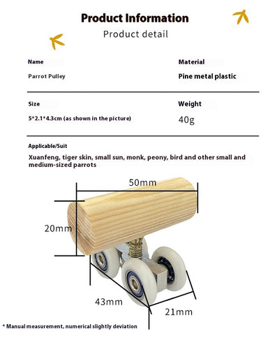 Wooden bird toy resembling a roller skate with a pine log body and four white wheels with metal bearings. - Image 7