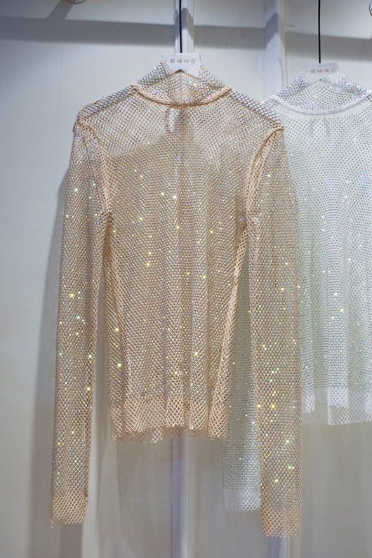 Blusa Transparente de Manga Larga con Cristales y Diamantes Brillantes