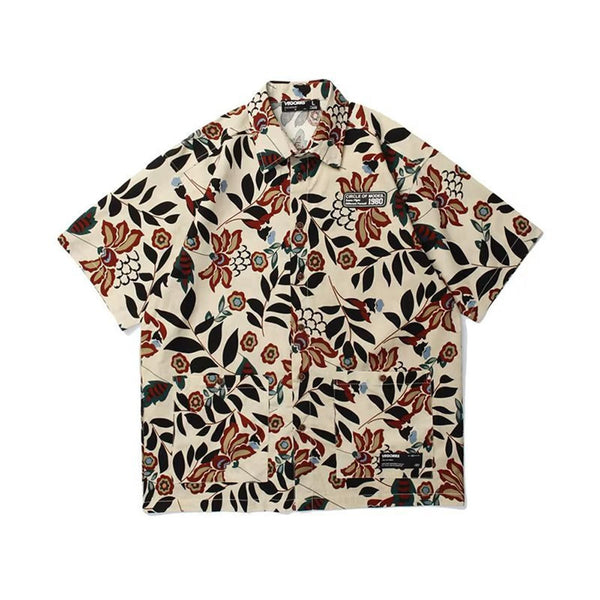 Camisa Retro Floral Estampado Completo Manga Corta Unisex