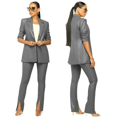 Traje de Cuero PU con Pliegues - Conjunto Elegante para Mujer - Image 16