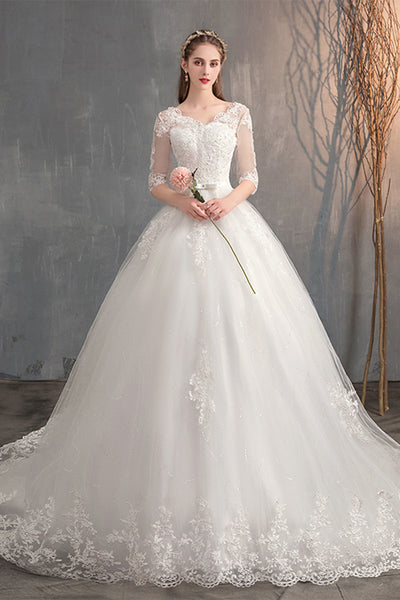 Vestido de Novia con Escote en V, Encaje y Manga Larga - Image 6