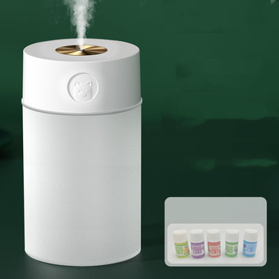 White cylindrical humidifier with a gold nozzle emitting mist, featuring a subtle bear emblem. Includes five aromatherapy oil bottles. - Image 8
