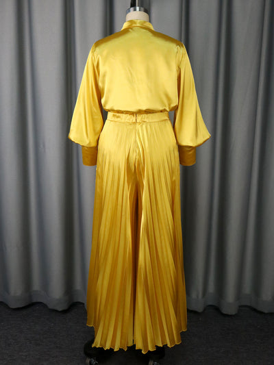 Conjunto Elegante: Blusa V-neck con Moño y Pantalón Plisado Ancho - Image 9