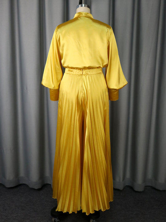Conjunto Elegante: Blusa V-neck con Moño y Pantalón Plisado Ancho - Image 9