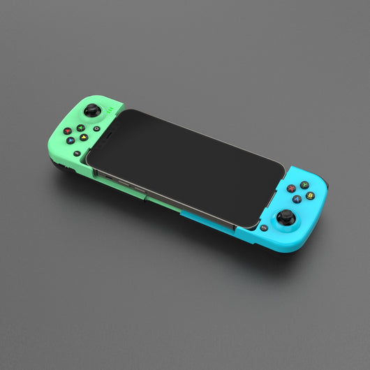 Teal mobile phone wireless game handle with a smartphone inserted, displaying a game, compatible with iOS and Android. - Image 18