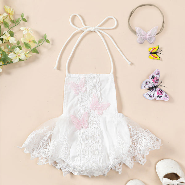 Vestido Princesa Niña con Encaje de Mariposas y Diadema