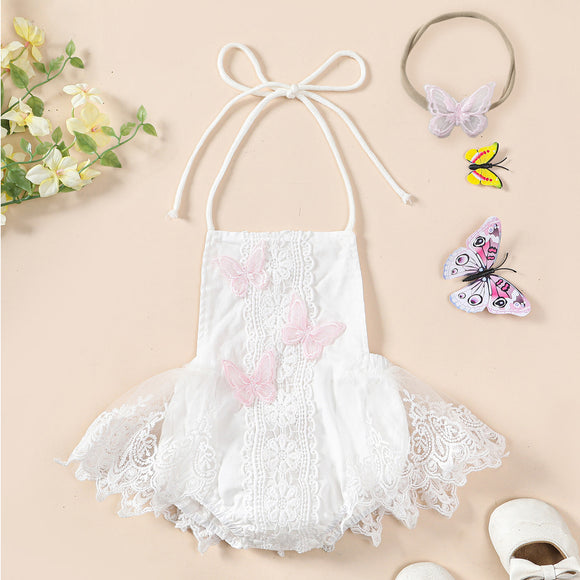 Vestido Princesa Niña con Encaje de Mariposas y Diadema