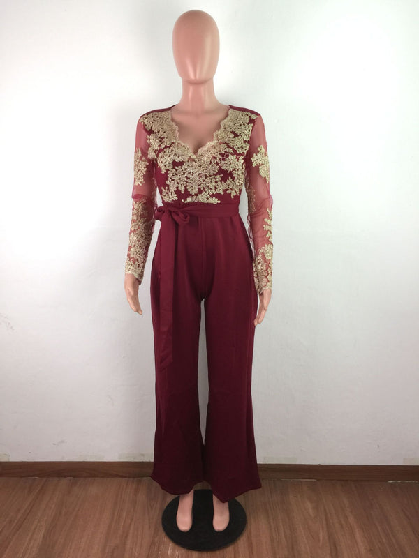 Jumpsuit Elegante de Encaje para Mujer - Manga Larga y Piernas Anchas - Image 5
