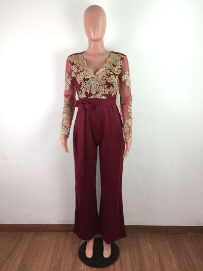 Jumpsuit Elegante de Encaje para Mujer - Manga Larga y Piernas Anchas - Image 5