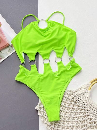Neon green one-piece swimsuit with a halter neck, large O-ring, and side cut-outs with smaller O-rings. - Image 5