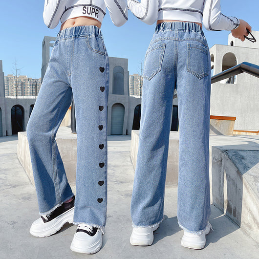 Pantalones Denim Anchos Casuales Estilo Funky con Detalle Love