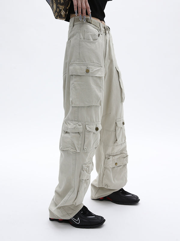 Pantalón Vintage de Pierna Ancha con Múltiples Bolsillos para Mujer
