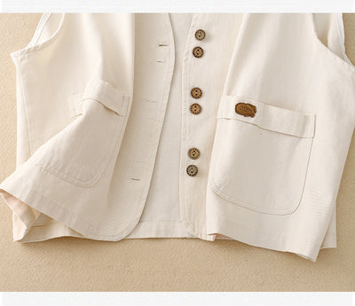 Chaleco Retro Coreano Mujer en Algodón y Lino - Image 18