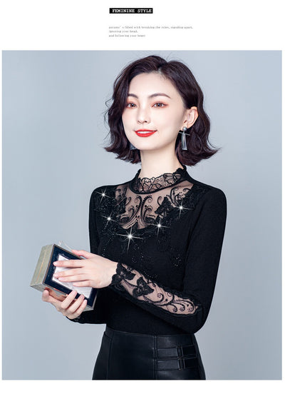 Blusa Cuello Alto con Encaje y Strass - Ajuste Slim para Otoño e Invierno - Image 13