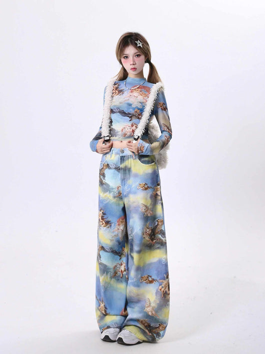 Pantalones Anchos con Estampado Artístico de Ángel y Gatito - Image 9
