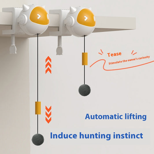 White and yellow electric cat toy with a telescopic string and a grey fluffy ball, designed to clamp onto surfaces. - Image 2