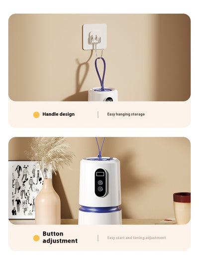 White and blue mini household air dryer with a digital display and hanging loop, shown next to a gold smartphone. - Image 8
