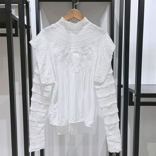 Blusa Elegante con Cuello de Pie, Encaje y Volantes Reversible - Image 2