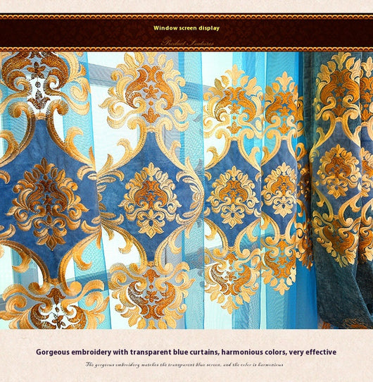 Purple chenille velvet curtains with gold embroidery, tied back to reveal a sheer embroidered curtain behind. - Image 18