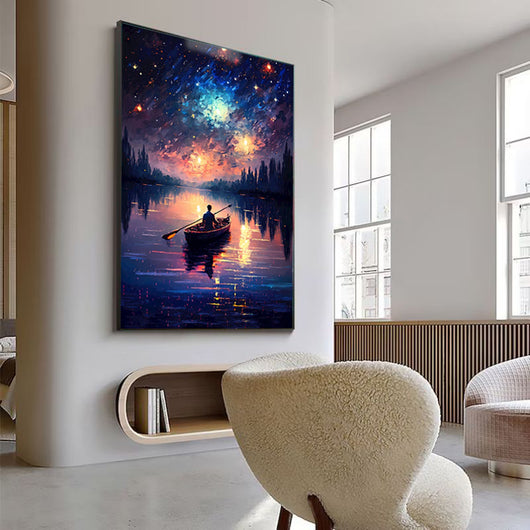 Cuadro de Arte Óleo Pintado a Mano - Lago Nocturno Bajo Cielo Estrellado - Image 3