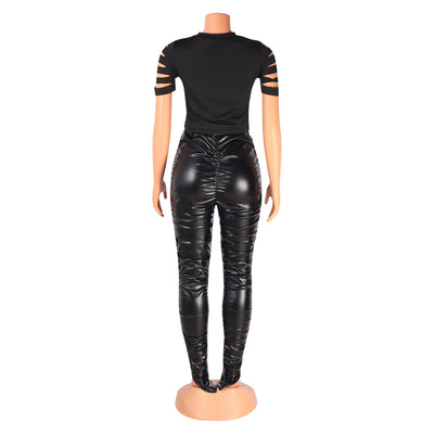 Pantalones de Cuero PU Plisados Cintura Alta Elásticos Ajustados - Image 12