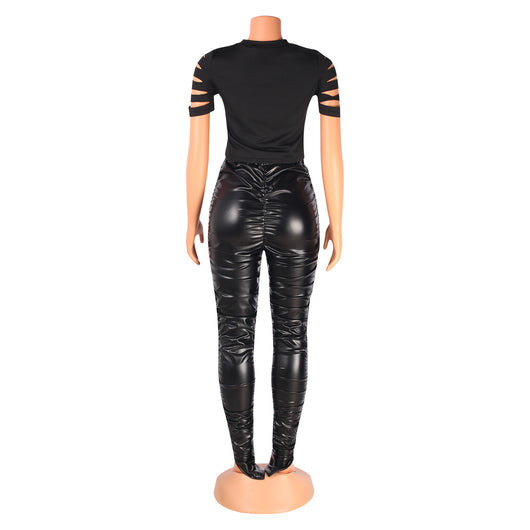 Pantalones de Cuero PU Plisados Cintura Alta Elásticos Ajustados - Image 12