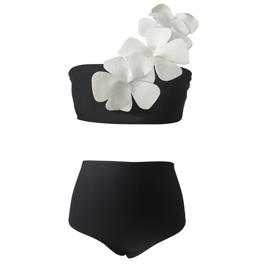 Women's black one-shoulder two-piece swimsuit with large white floral appliques and high-waisted bottoms. - Image 2