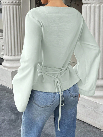 Blusa Tejida Cuello Redondo con Mangas Acampanadas Largas para Mujer - Image 10