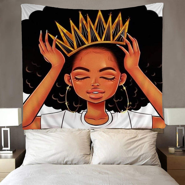 Tapestry featuring an illustration of a Black woman with an afro, wearing a gold crown and hoop earrings.