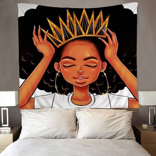 Tapestry featuring an illustration of a Black woman with an afro, wearing a gold crown and hoop earrings.