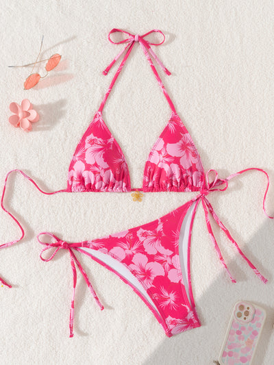 Red floral print triangle cup bikini set with matching bottom, featuring a small gold charm on the top. - Image 25