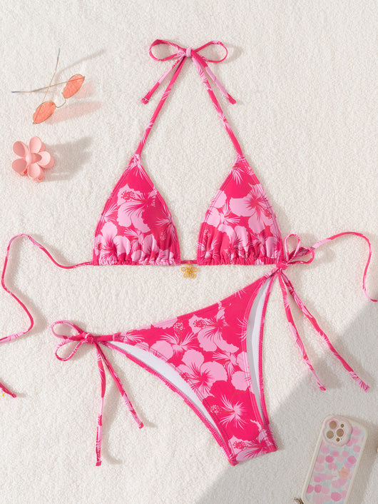 Red floral print triangle cup bikini set with matching bottom, featuring a small gold charm on the top. - Image 25