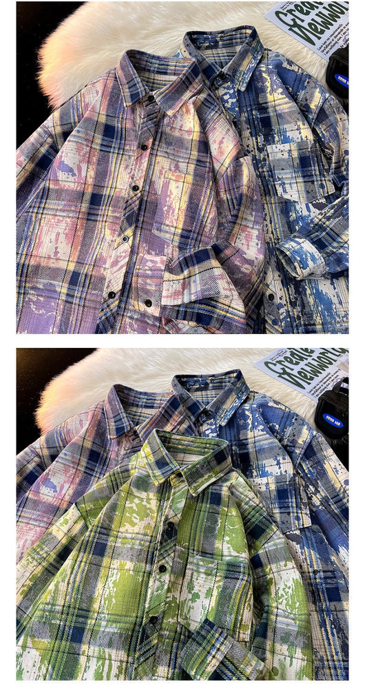 Camisa Holgada Cuadros Degradado con Estampado y Teñido - Image 16