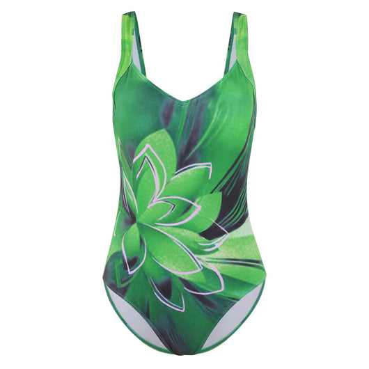 Blue one-piece swimsuit with a large light blue lotus floral print outlined in gold, featuring a V-neck and wide straps. - Image 3