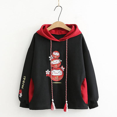 Sudadera con Capucha Gato de la Suerte y Bordado Sakura con Cordones