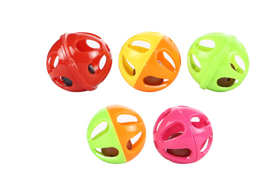 Orange and pink plastic bell toy ball for cats, with a kitten peeking from behind. Other color variations shown below. - Image 7
