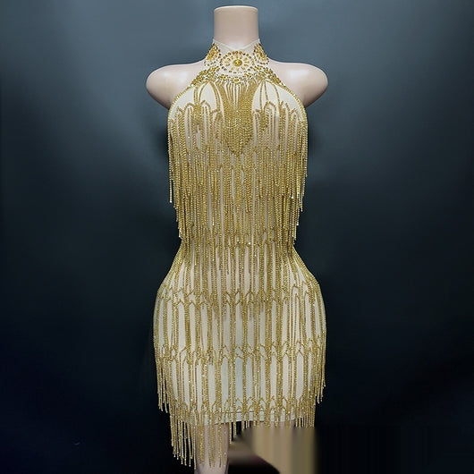 Vestido de Vacaciones Espalda Descubierta con Detalles de Diamantes - Image 7