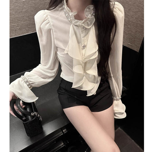 Blusa Elegante de Gasa Premium con Strass y Volantes - Image 10