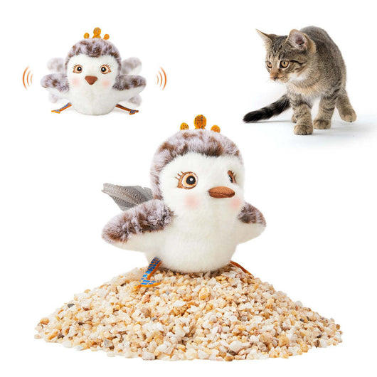 Interactive plush bird cat toy with brown and white fur, flapping wings, and a small tabby kitten observing. - Image 13