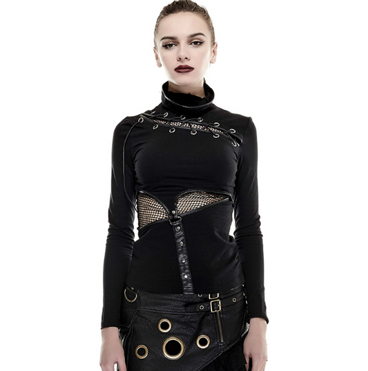 Camiseta Steampunk de Manga Larga con Cuello de Red Bicolor T432